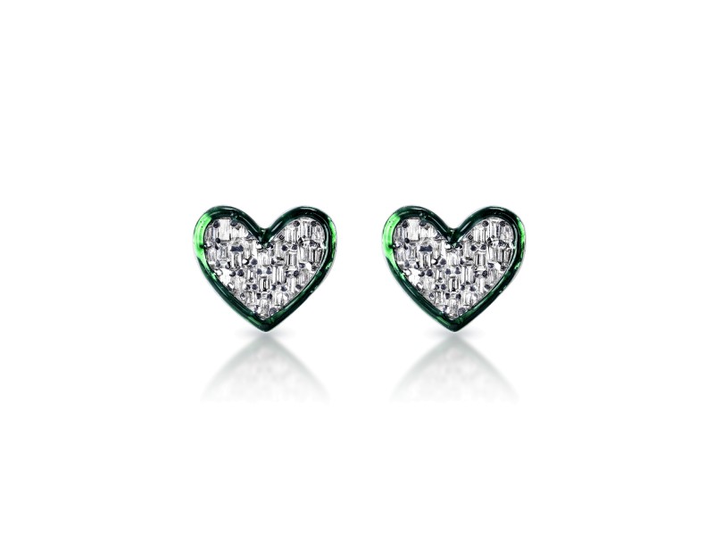 Alina Heart Baguette Cut Diamond Earrings with green enamel in 14k White Gold