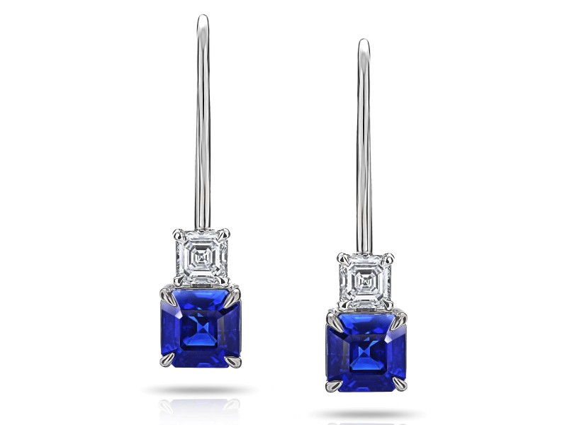 David Gross Asscher Blue Sapphire and Diamond Earrings