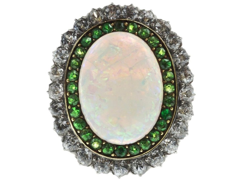 Edwardian Opal, Diamond and Demantoid Gold Ring