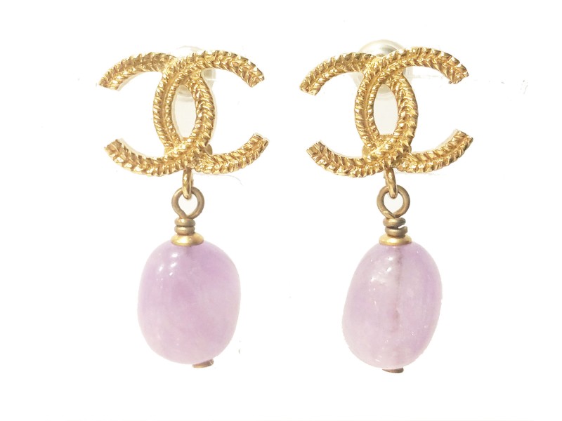 Chanel CC Gold Tone & Lavender Stone Dangle Piercing Earrings  