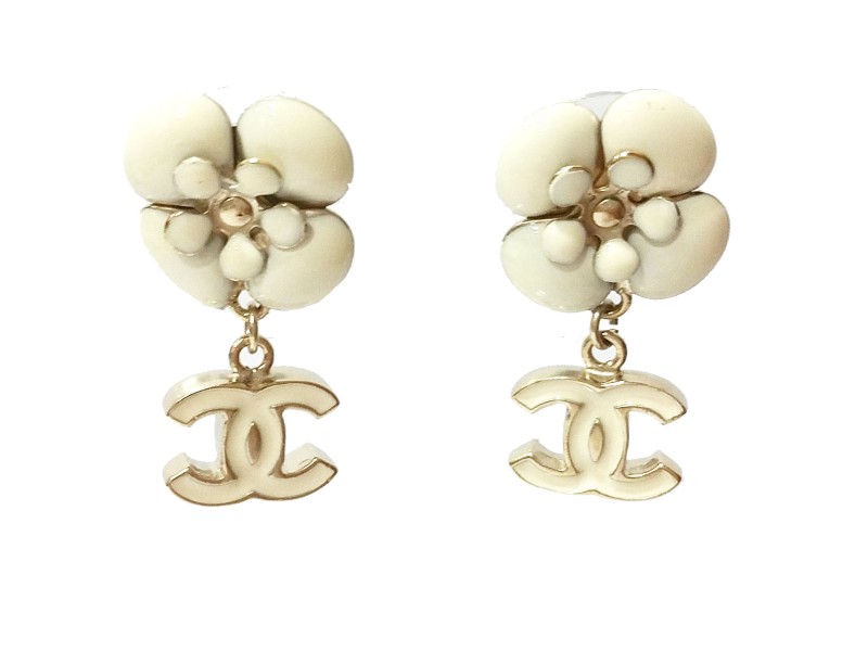 Chanel CC Ivory Camellia Dangle Piercing Earrings   