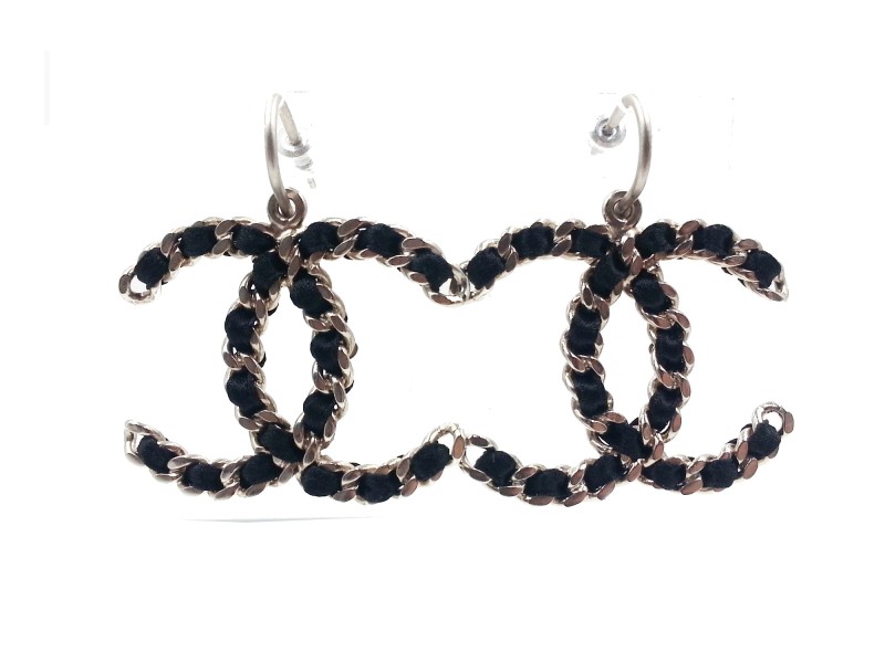 Chanel Silver Tone CC Black Ribbon Dangle Large Piercing Earrings  