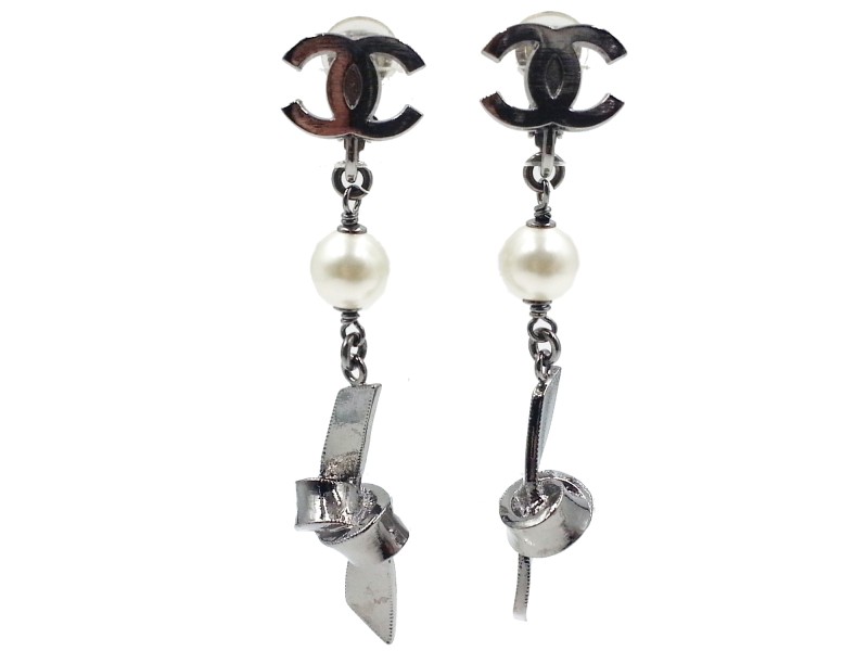 Chanel Silver-Tone Metal & Simulated Glass Pearl Ribbon CC Knot Clip-On Earrings 