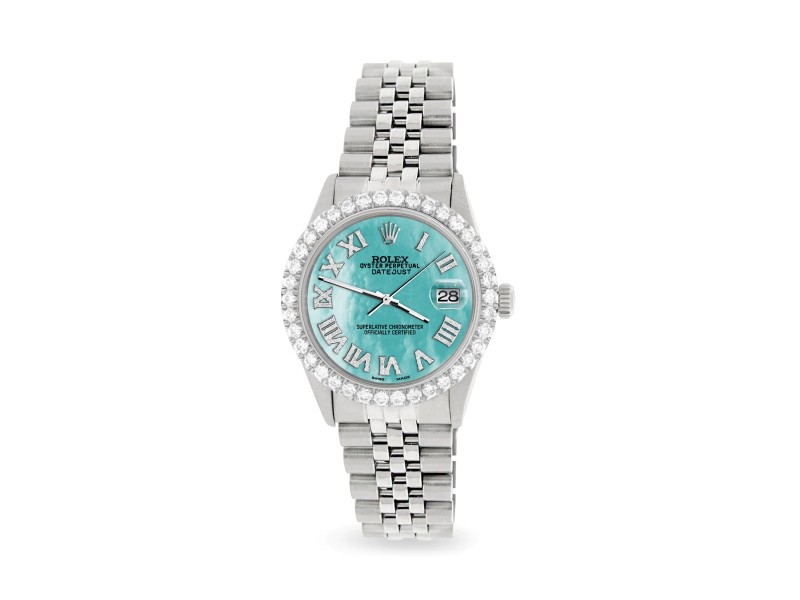 Rolex Datejust 36MM Steel Watch with 3.3CT Diamond Bezel/Aquamarine Blue Diamond Roman Dial