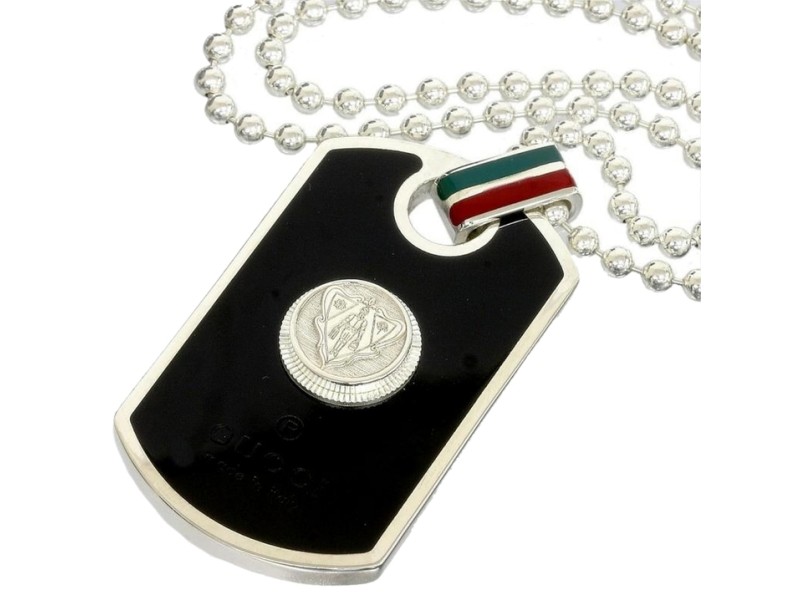 Gucci Sterling Silver Crest Dog Tag Ball Chain Pendant Necklace
