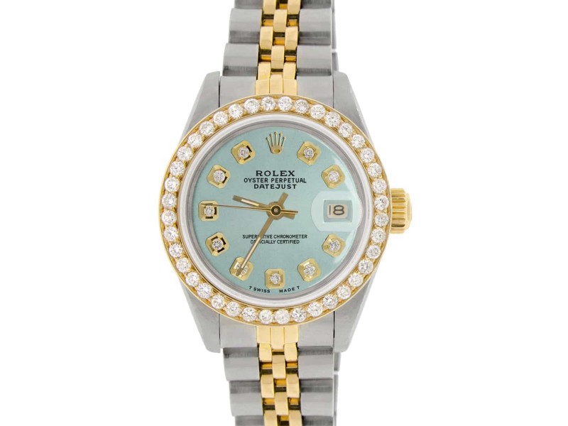 Rolex Datejust Ladies 2-Tone 18K Gold/SS 26mm Watch with Pastel Blue Dial & Diamond Bezel