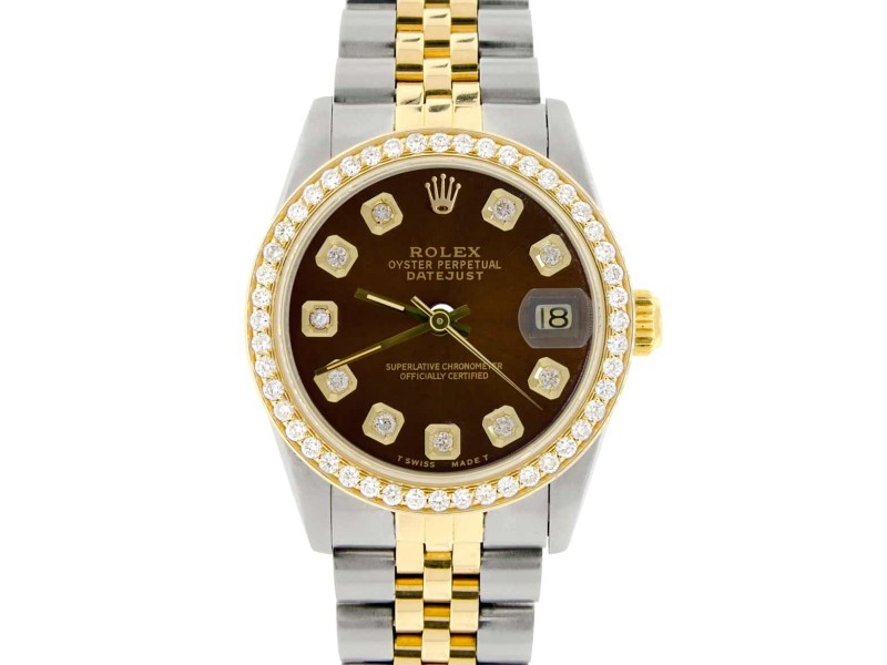 Rolex Datejust 2-Tone 18K Gold/SS Midsize 31mm Womens Watch with Cocoa Brown Dial & Diamond Bezel