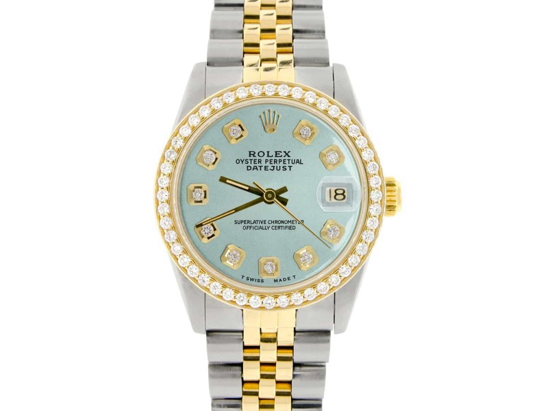 Rolex Datejust 2-Tone 18K Gold/SS Midsize 31mm Womens Watch with Baby Blue Dial & Diamond Bezel
