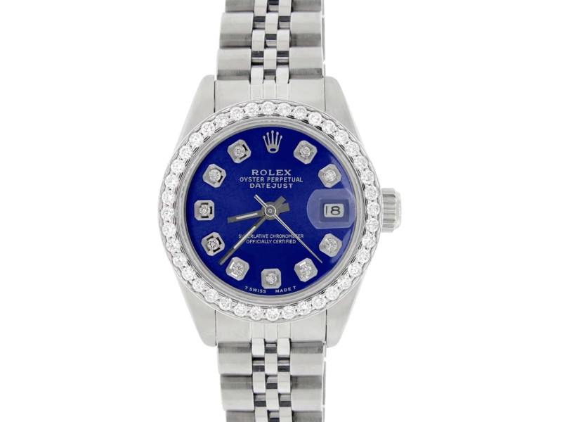 Rolex Datejust Ladies 26MM Automatic Steel Watch w/Royal Blue Dial & Diamond Bezel