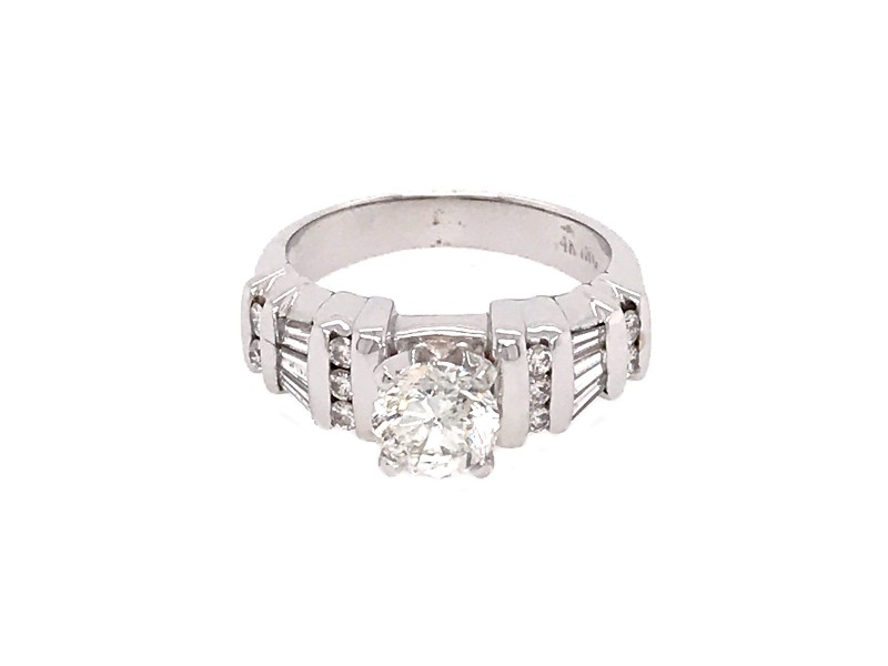 14k White Gold 1.16 carat Round and Baguette Diamond Engagement Ring