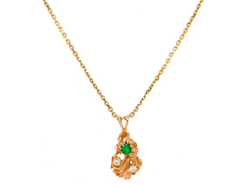 1970s 18k Yellow Gold Nugget Emerald and Diamond Necklace
