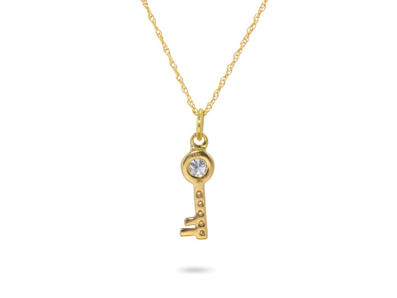 18K Yellow Gold with White Diamonds Key Pendant Necklace