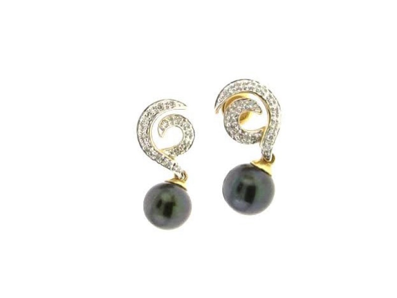 14K Yellow Gold Diamond & Black Pearl Dangle Earrings