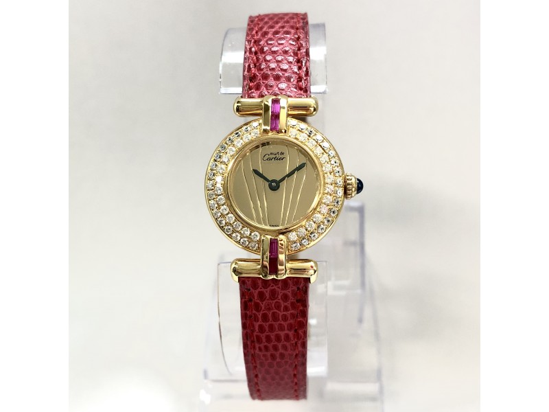 CARTIER VERMEIL COLISÈE Quartz Gold Plated Argent Watch ~1TCW DIAMONDS & Pink Sapphires