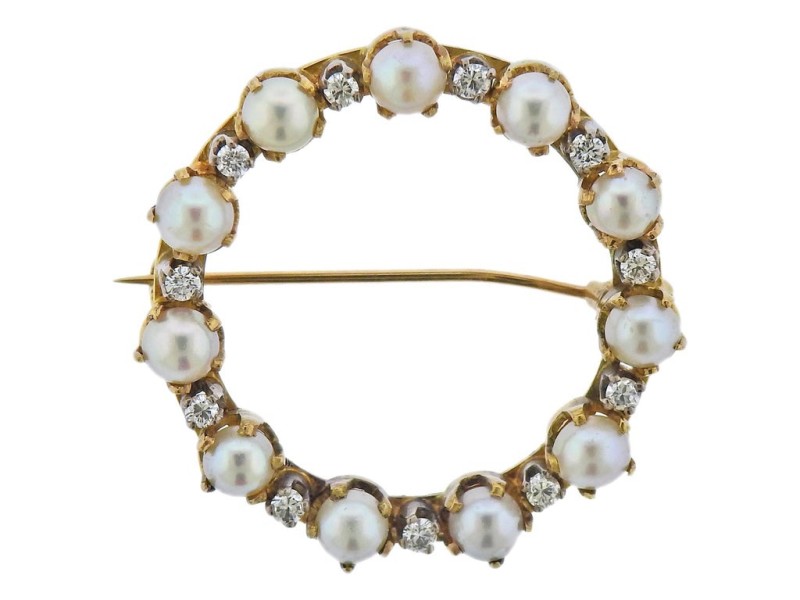 Cartier Pearl Diamond Gold Circle Brooch Pin