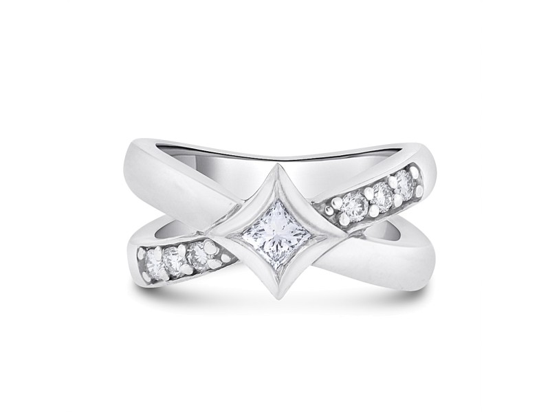 14k White Gold 0.50ct. Diamond Crossover X Ring Princess Cut Size 7
