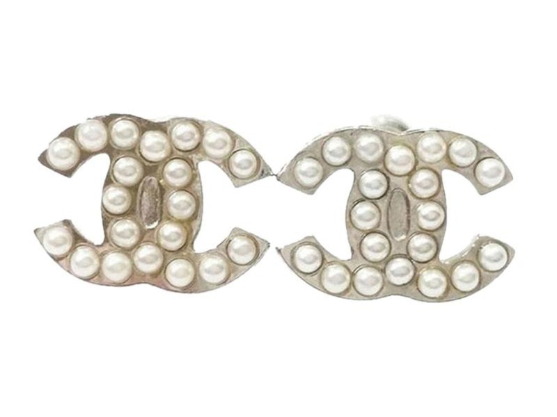 Chanel CC Classic Silver Tone Metal & Simulated Glass Pearl Piercing Earrings
