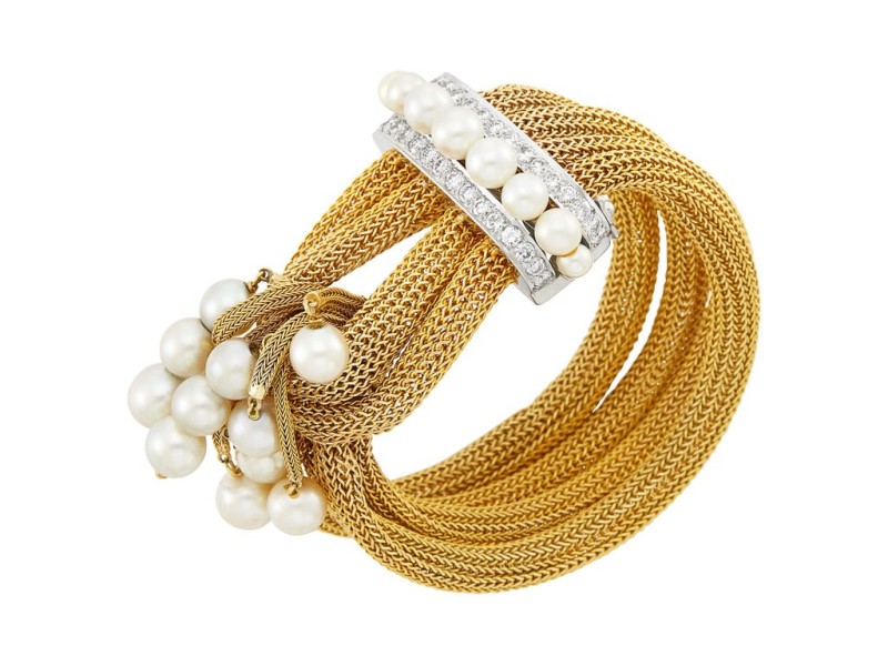 6 1/8Four Strand Gold Mesh, White Gold, Cultured Pearl and Diamond Fringe Bracelet