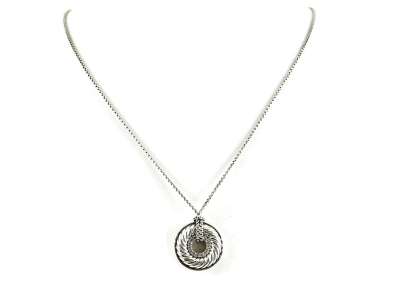  David Yurman Sterling Silver 18" .13tcw Small Diamond Sculpted Cable Disc Necklace