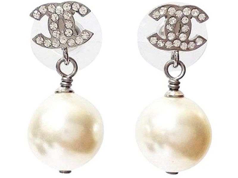 Chanel CC Rhinestone Simulated Glass Pearl Dangle Piercing Earrings