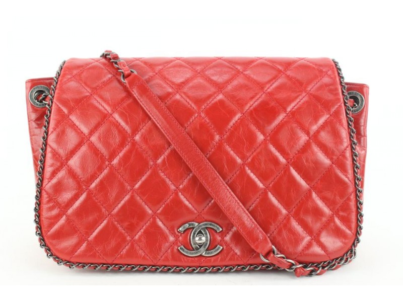 Chanel Quilted Red Leather Chain Around Flap Bag 453cas62