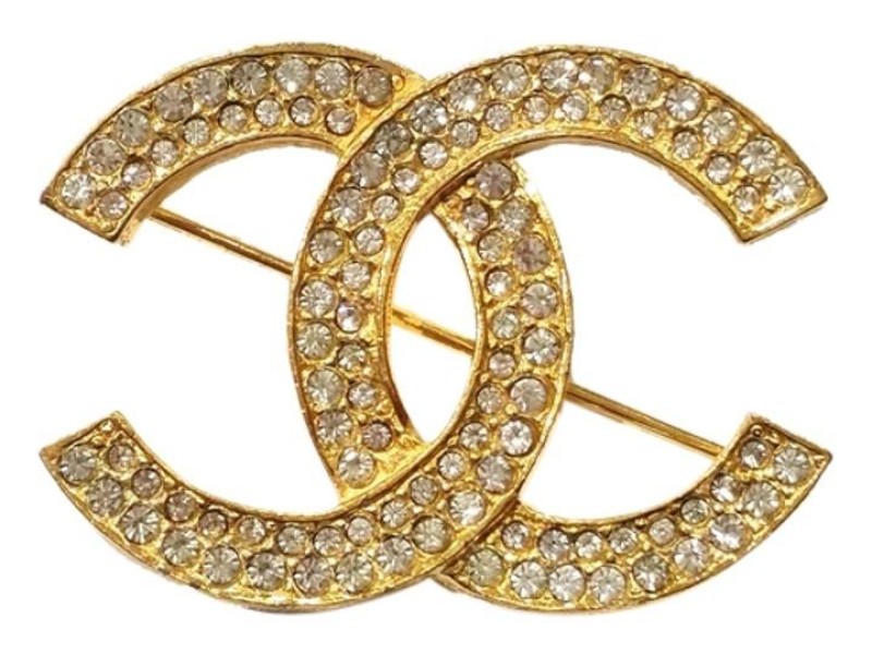 Chanel Gold Tone and Rhinestone CC Brooch