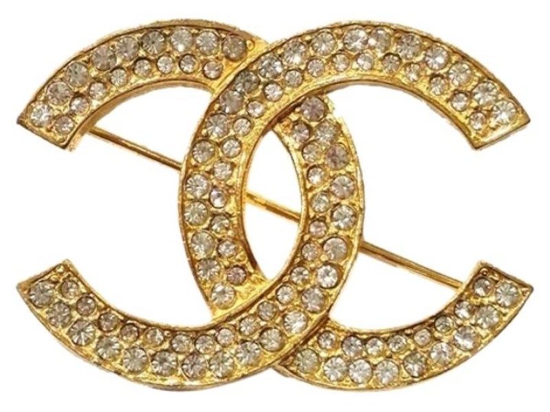 Chanel Gold Plated & Rhinestone CC Brooch 