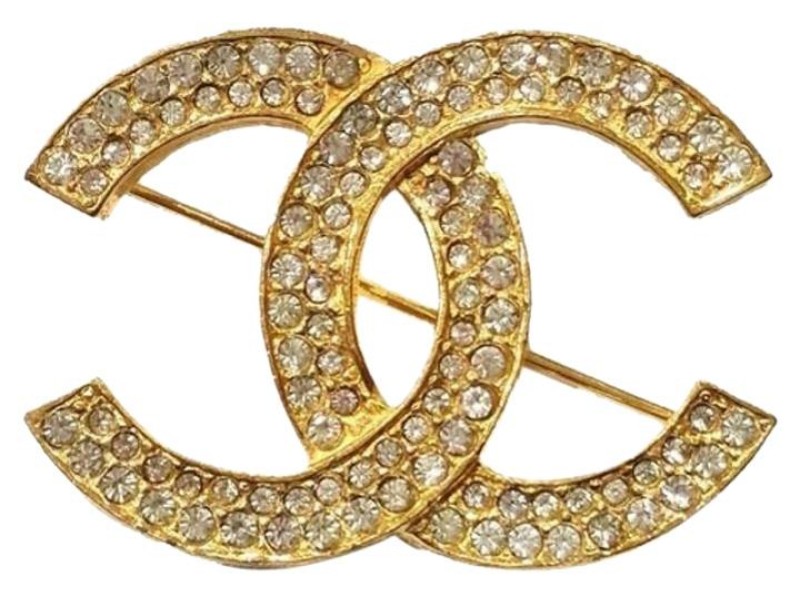Chanel 18K Gold Plated Metal & Rhinestone CC Brooch 