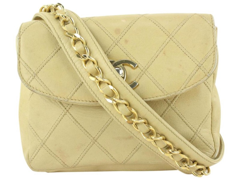 Chanel Quilted Beige Lambskin Chain Belt Bag Fanny Pack Waist Pouch 9cas624