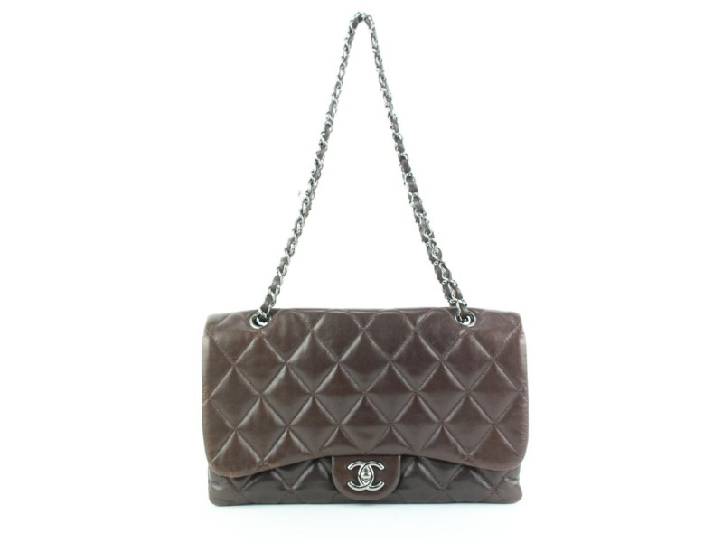 Chanel Dark Brown Quilted Lambskin Jumbo Classic Flap Silver SHW 1CC922