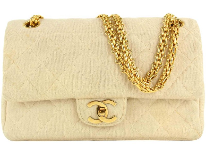 Chanel Beige Cream Jersey Quilted Small Double Flap Gold Chain Bag 858150