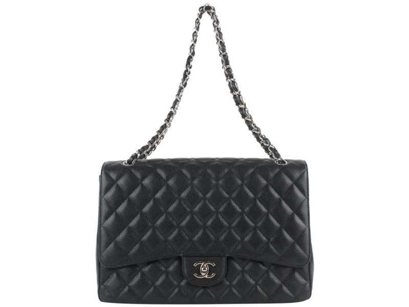 Chanel Quilted Black Caviar Leather Maxi Classic Silver Chain Flap