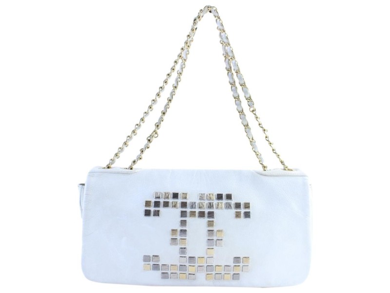 Chanel Jumbo  White CC Logo Mosaic Chain Flap 228805