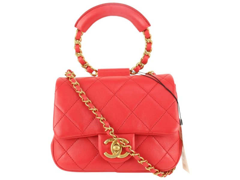 Chanel NEW Quilted Red Chain Bracelet Small Flap Top Handle Crossbody 114c48