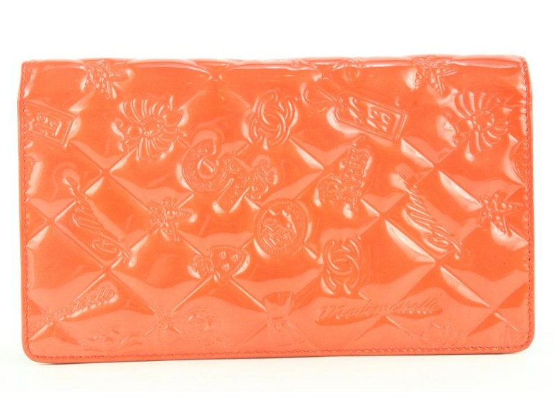 Chanel Orange Embossed Charms Patent Quilted Long Flap Wallet 218ccs210