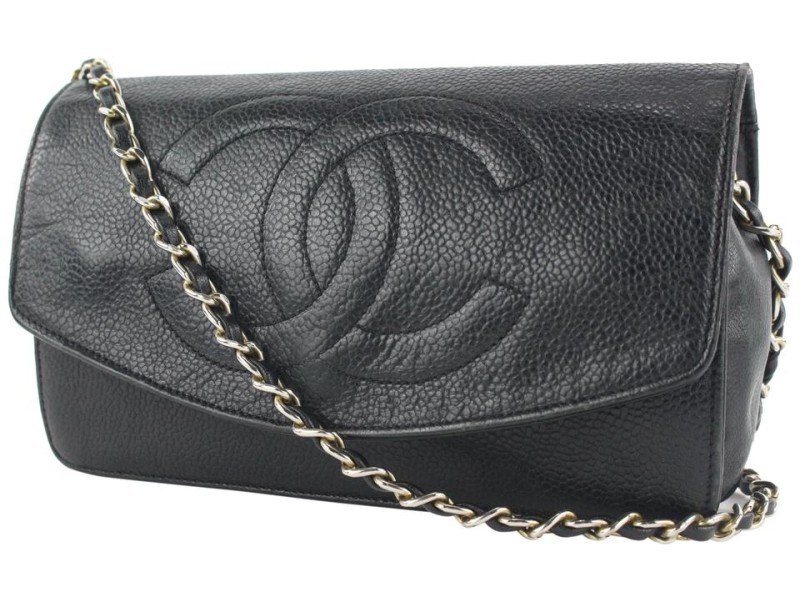 Chanel Black Caviar Leather CC Logo Timeless Wallet on Chain Flap