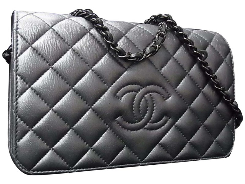 Chanel Dark Silver Quilted Leather Wallet on Chain Crossbody Flap 2CA1019