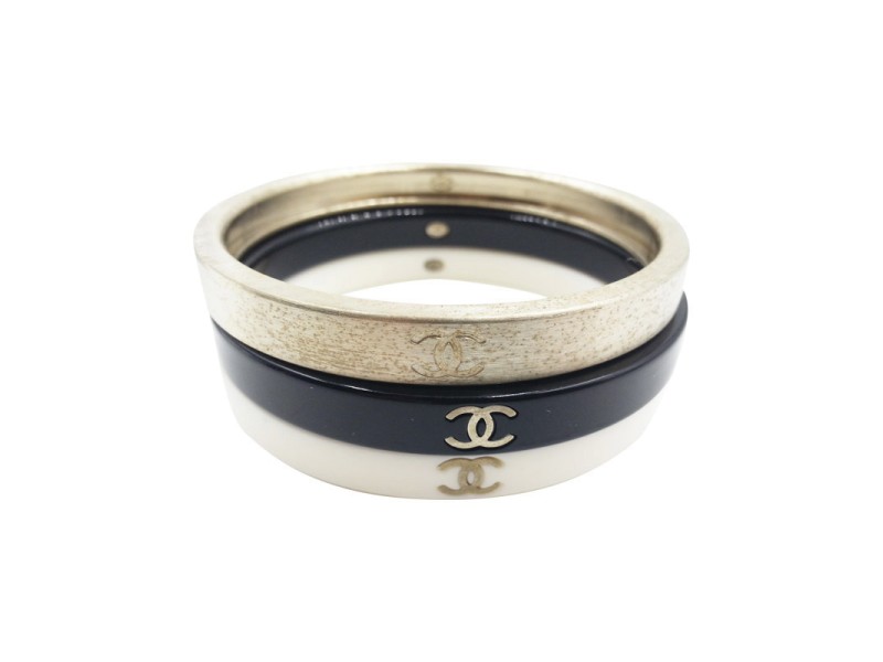 Chanel Gold Black Ivory 3 Stackable Bangle Bracelet
