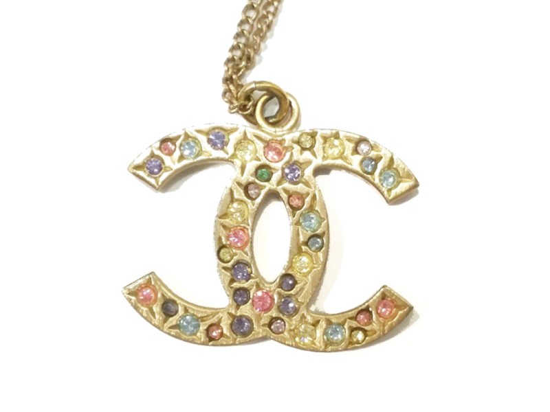 Chanel Gold Multi Color Stone CC Pendant Necklace  