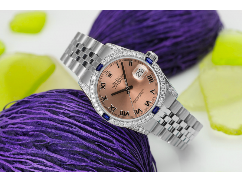 Rolex  Datejust Salmon Roman Dial with Diamonds & Sapphires Stainless Steel Ladies Watch