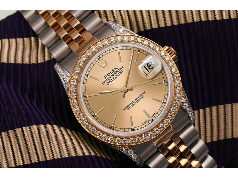 Women's Rolex 31mm Datejust Diamond Bezel & Lugs Champagne Index Dial 2 Tone Watch