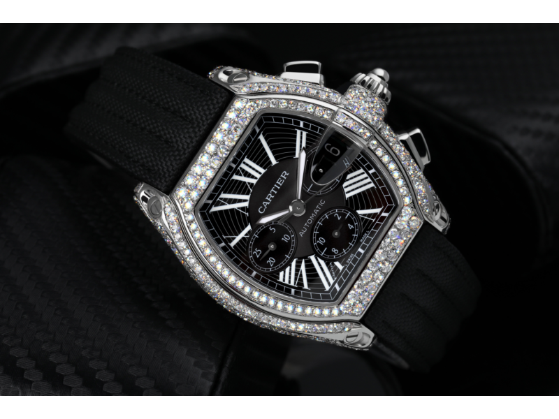 Cartier Roadster Chronograph Custom Diamond Watch on Black Strap