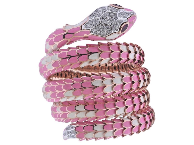 Alexis NY Diamond Ruby Pink Enamel Rose Gold Silver Snake Wrap Bracelet Watch