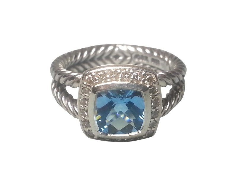 David Yurman Petite Albion Sterling Silver Blue Topaz & Diamonds Ring Size 7