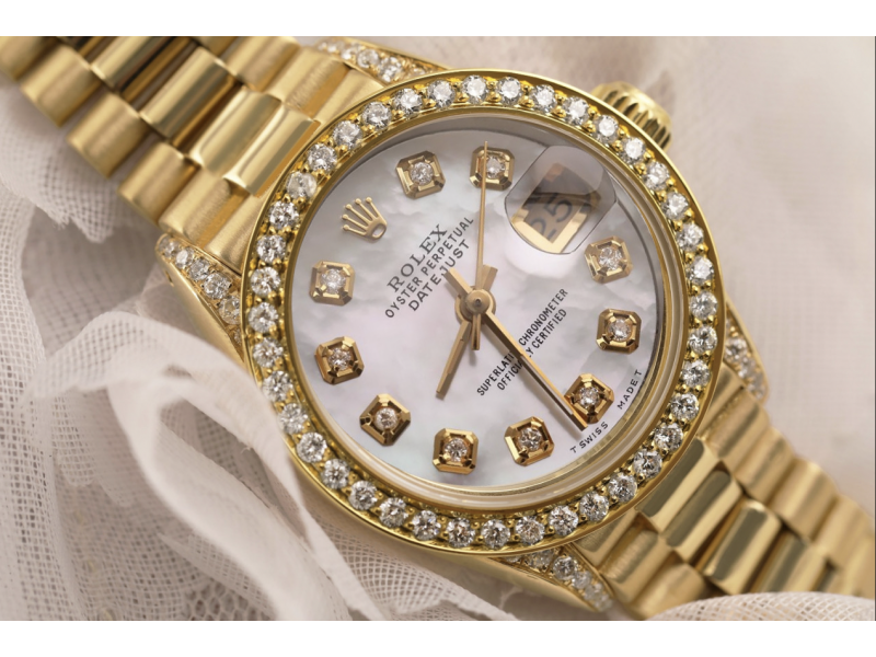 Rolex 26mm Presidential 18kt Gold White Mother Of Pearl Diamond Dial Bezel and Lugs 6917