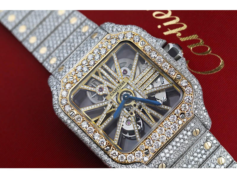 Cartier Santos De Cartier Skeleton Custom Diamond Two Tone Yellow Watch WHSA0019