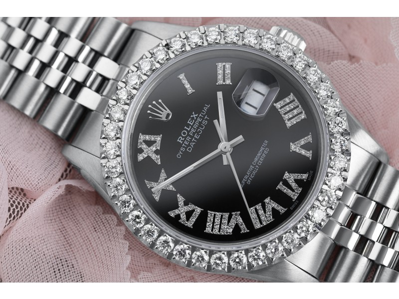 Rolex 36mm Datejust Custom Diamond Bezel, Black Diamond Roman Dial 16014