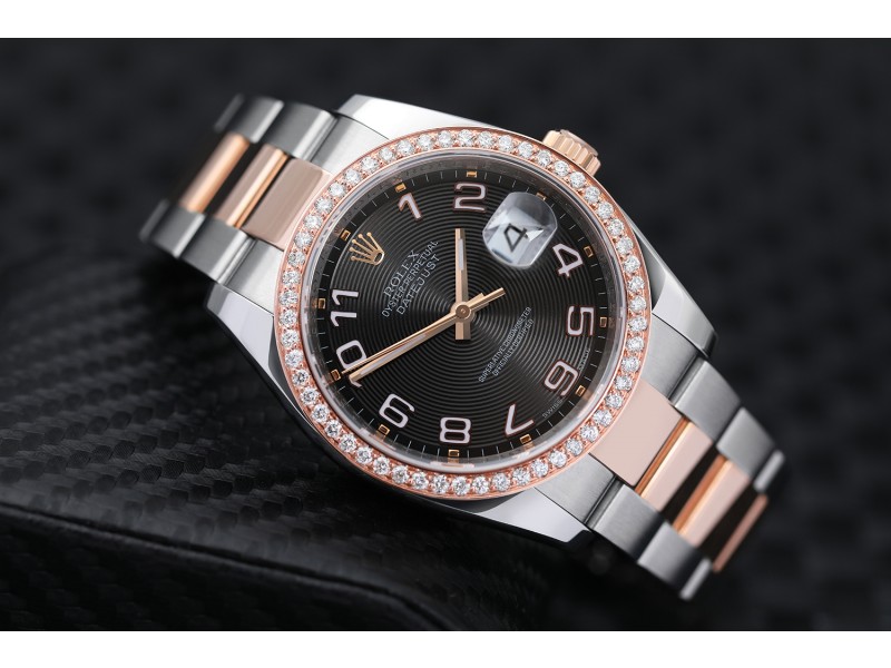 Rolex Datejust 36mm Two Tone Rose Watch Oyster Band Custom Diamond Bezel Black Dial