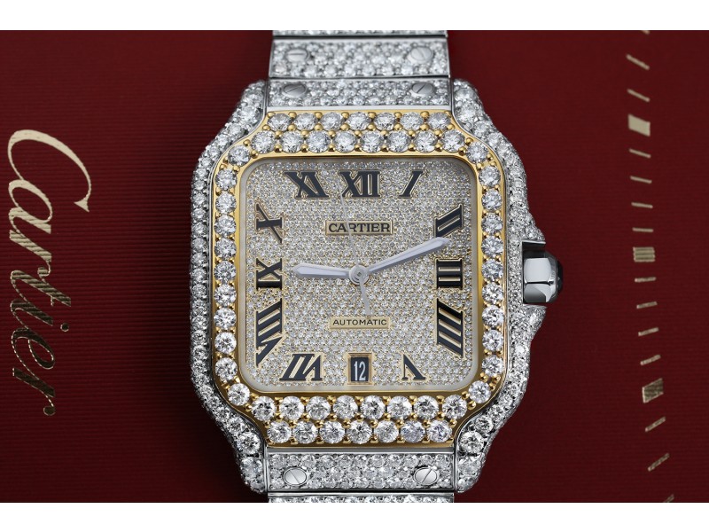 Cartier Santos De Cartier WSSA0018 Custom Diamond Stainless Steel and Yellow Gold Watch Pave Black Roman Numeral Dial 