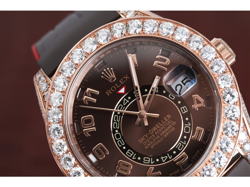 Rolex Sky Dweller Custom Diamond Watch 18Kt Rose Gold  with Chocolate Arabic Dial Rubber Strap 